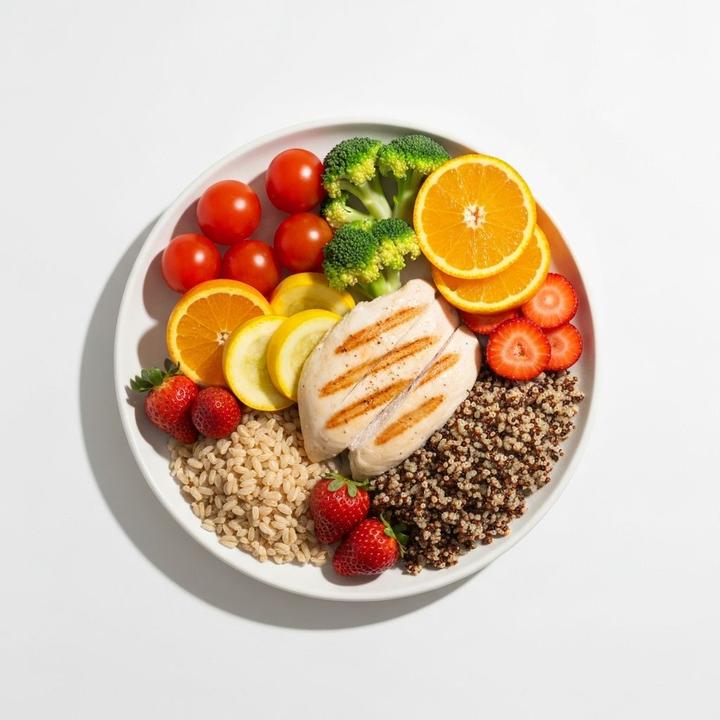 Ισορροπημένο πιάτο με λαχανικά, φρούτα και πρωτεΐνη